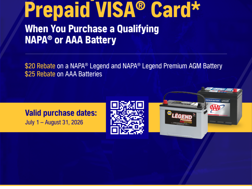 NAPA AutoCare battery rebate flyer, up to $25 prepaid card, July 1 to August 31 2026